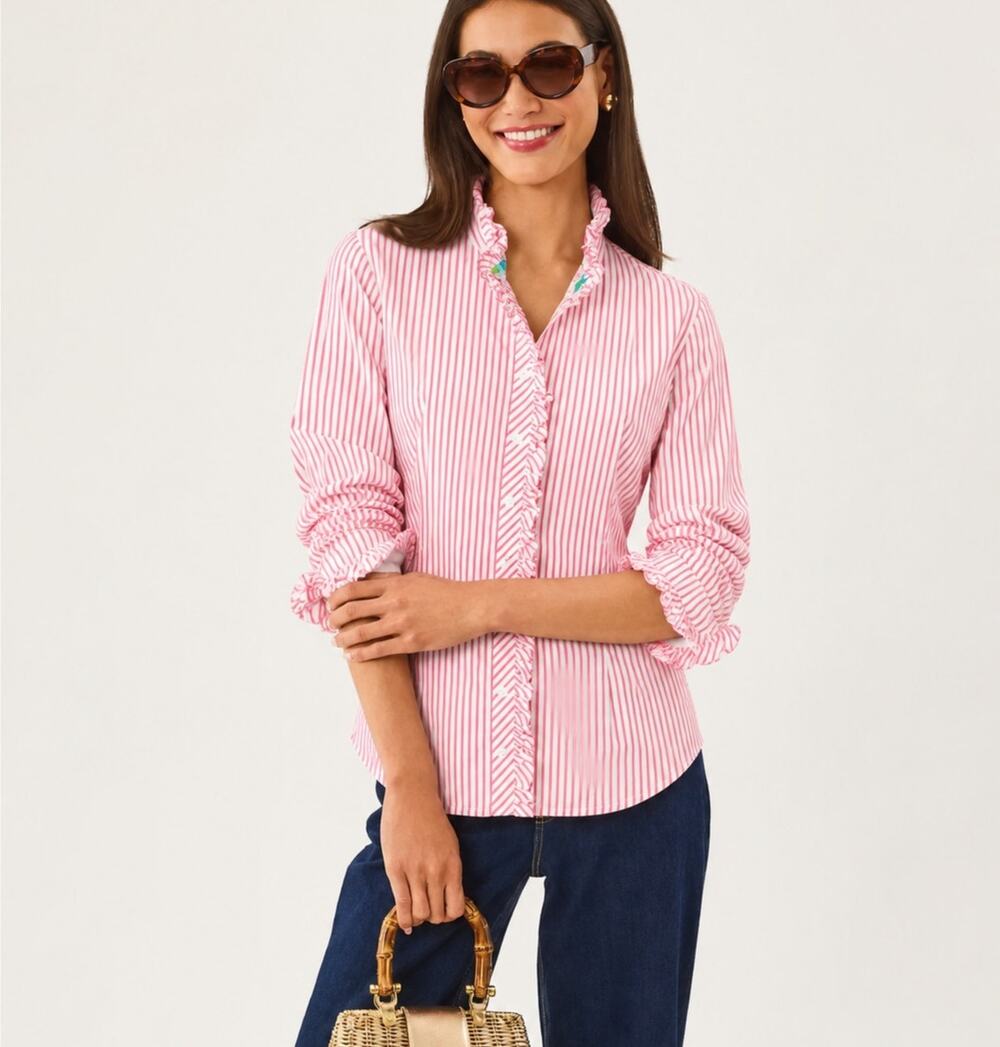Lilly Pulitzer Janie Pink White Ruffle Detail Cotton Button Down Blouse 10